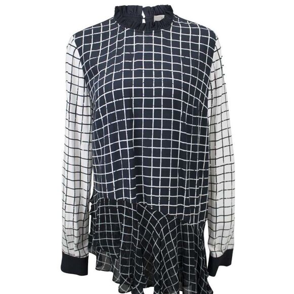 Preen line high ruffle neck asymmetrical hem grid print blouse small - Picture 2 of 9